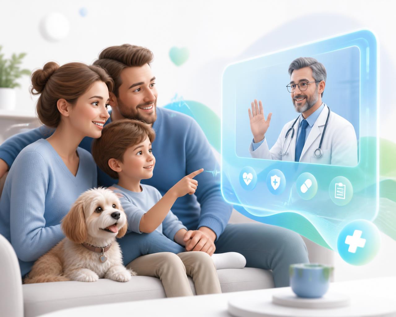 Família em consulta de telemedicina online com médico, acompanhada do pet